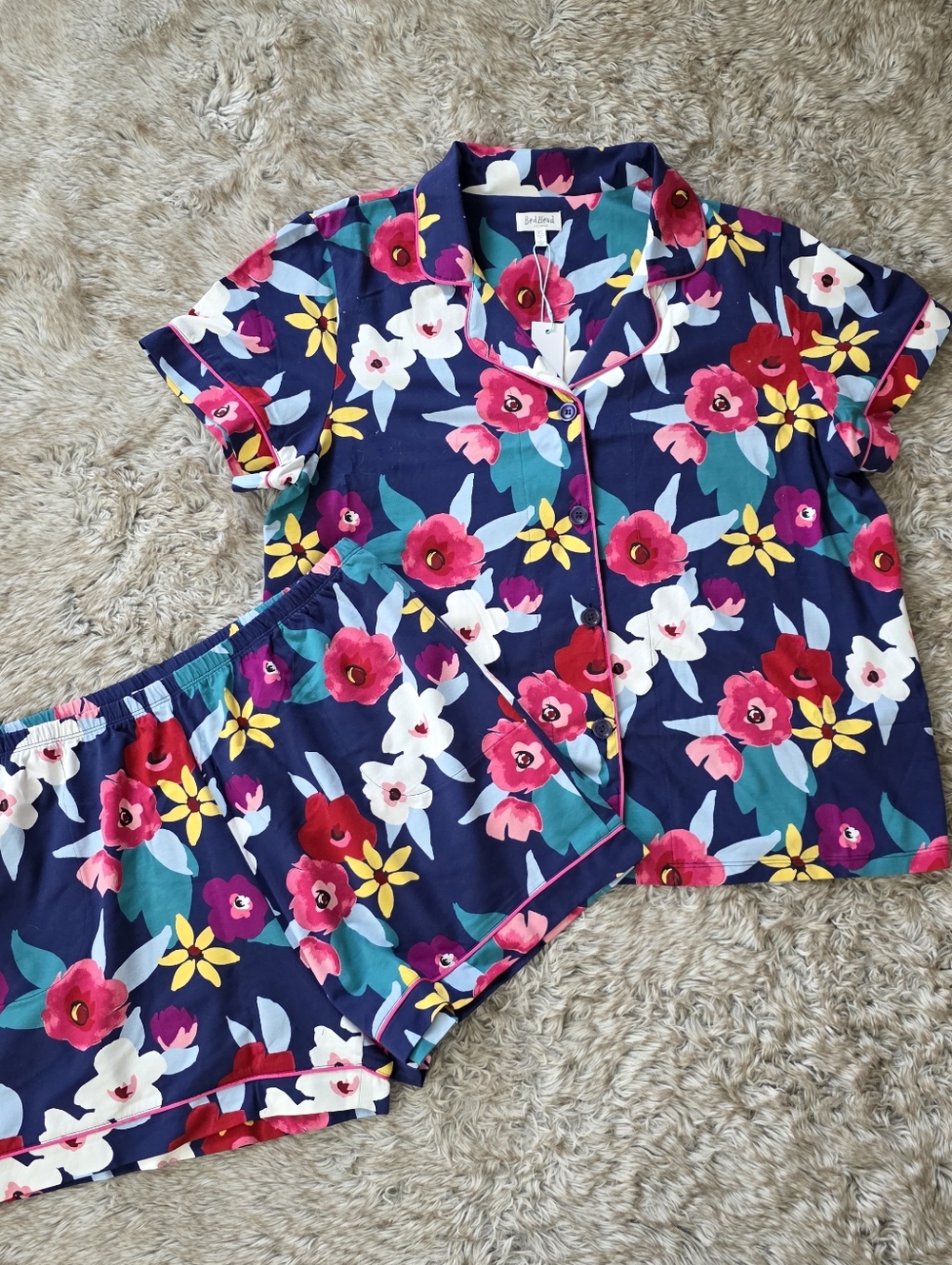 BedHead Short Sleeve Shorty Pajama Set Painter's Floral Navy Blue Women's XL